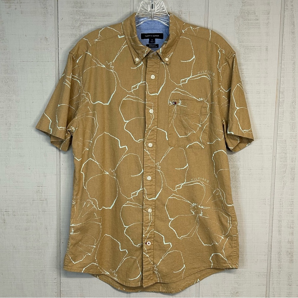 Tommy Hilfiger‎ Men Linen Blend Shirt Button Up Short Sleeve Beach Island Tiki